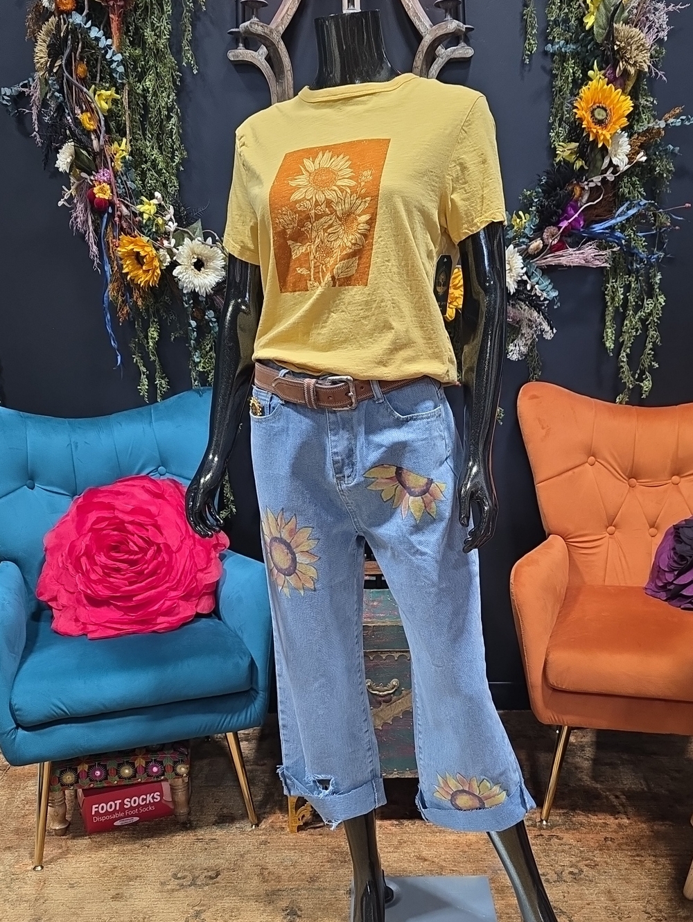Sunflower Cropped Jeans in Light Blue with Yellow Print & Sunflower Brooch